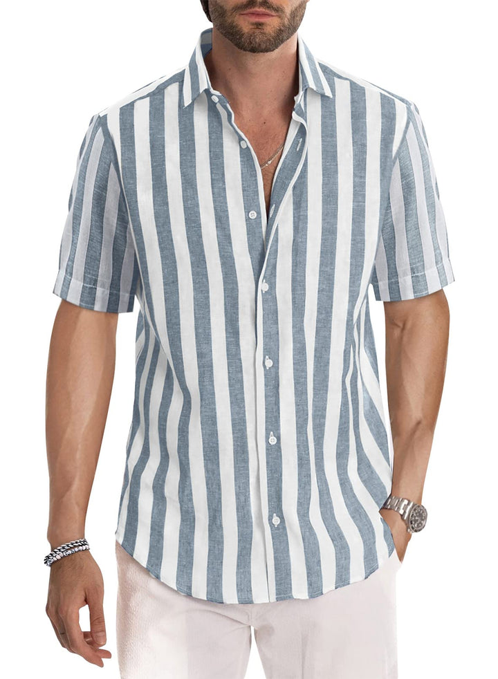 Meilicloth Gestreiftes Hemd Herren Kurzarm Freizeithemd Sommer Casual Regular Fit B Grau Blau Weiss