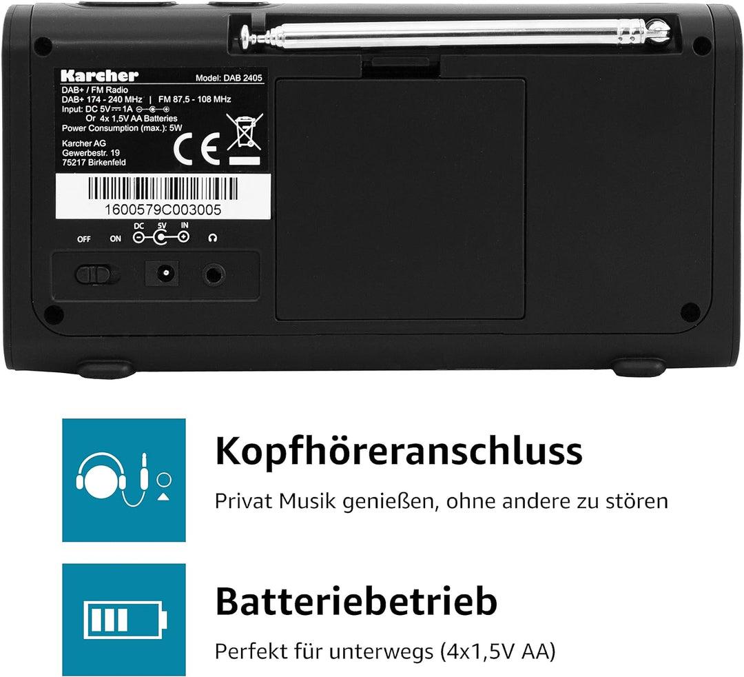 Karcher DAB 2405 - tragbares DAB+ Radio (DAB+/UKW, Küchenradio mit Netz/Akkubetrieb, Lautsprecher, K