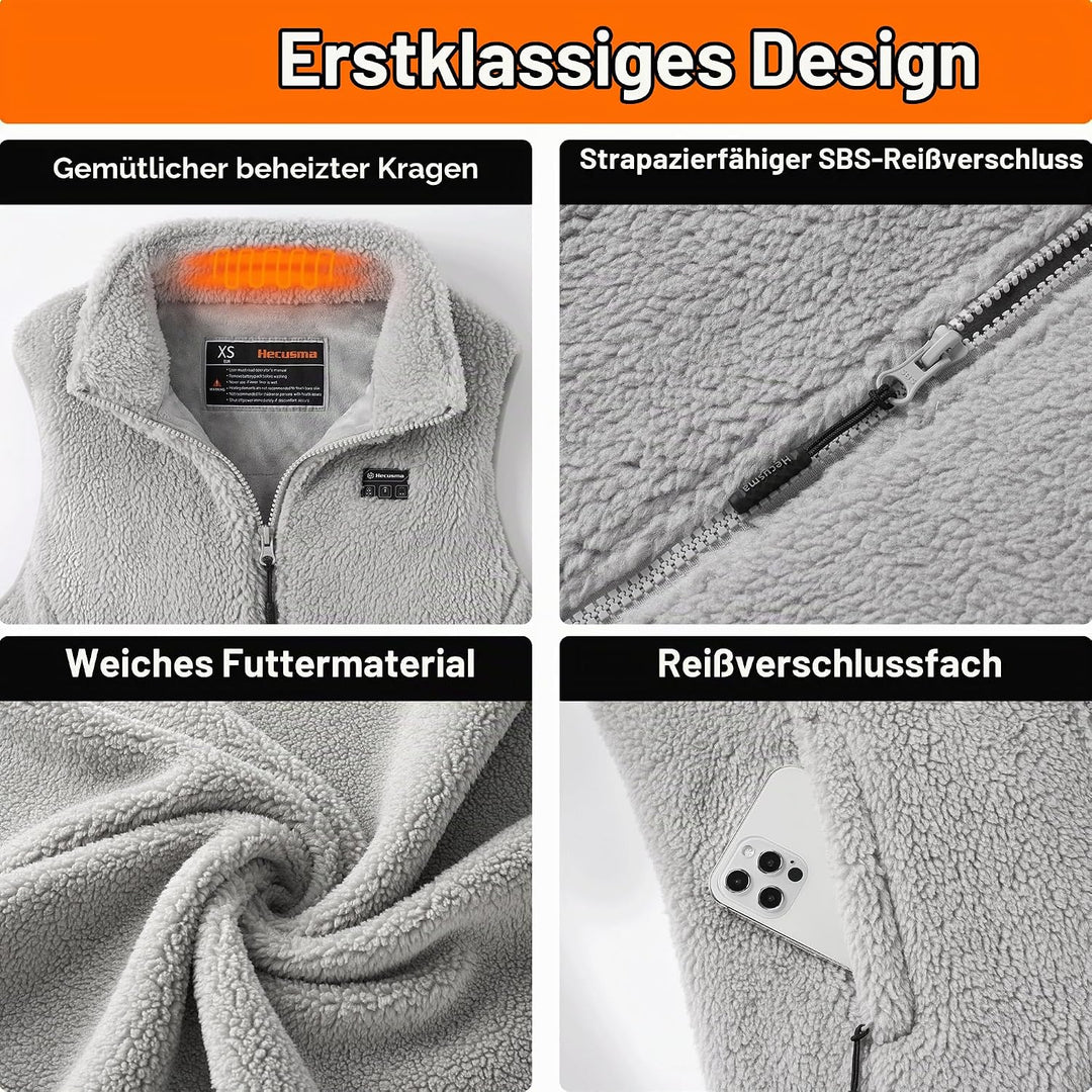 Flauschige Heizweste Damen mit 16000mAh 7.4V Powerbank inklusive, Sherpa Beheizte Weste Damen, Elekt