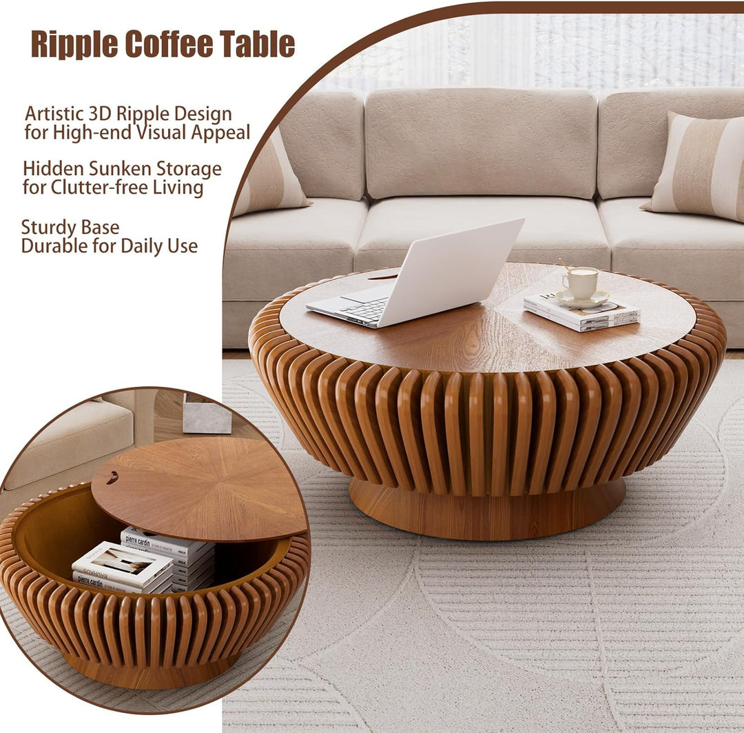 35,5" Runder Trommel-Kaffeetisch mit Stauraum, Nussholz-Gerillter Couchtisch für Wohnzimmer & Apartm