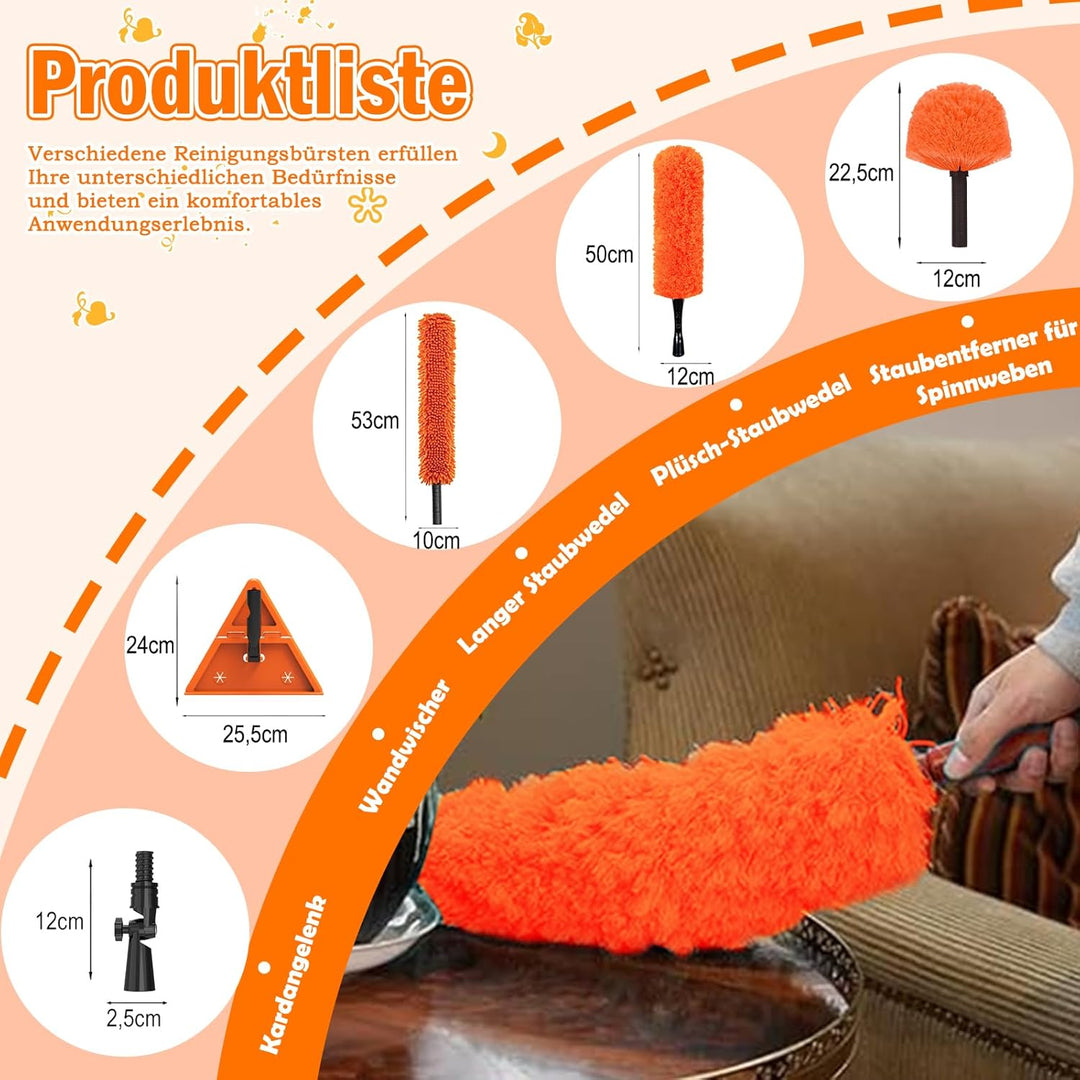 6m Staubwedel Teleskop, 6 Stück Spinnwebenbesen mit Teleskopstiel, Profi Fensterputzer Set und Flies