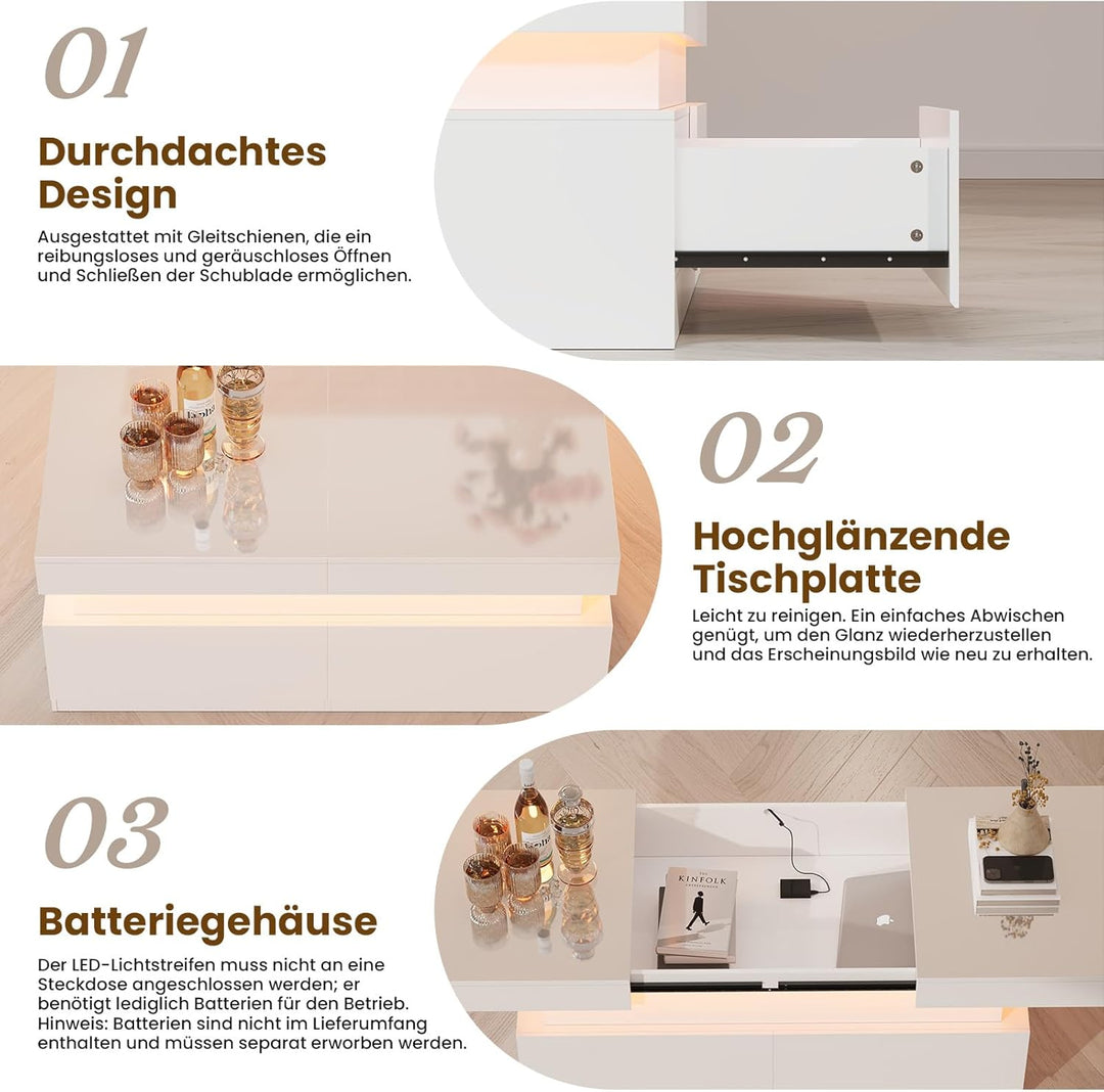 YOUDENOVA Couchtisch Weiss mit Stauraum, Wohnzimmertisch Hochglanz mit 7 Farbiger LED Beleuchtung, A