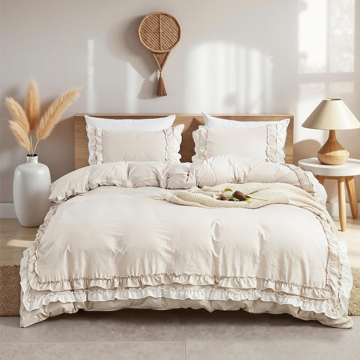 Sedefen Bettwäsche 200 x 200 cm Beige mit Weiss Rüschen Angenehme Mikrofaser Mädchen Bettwäsche-Sets