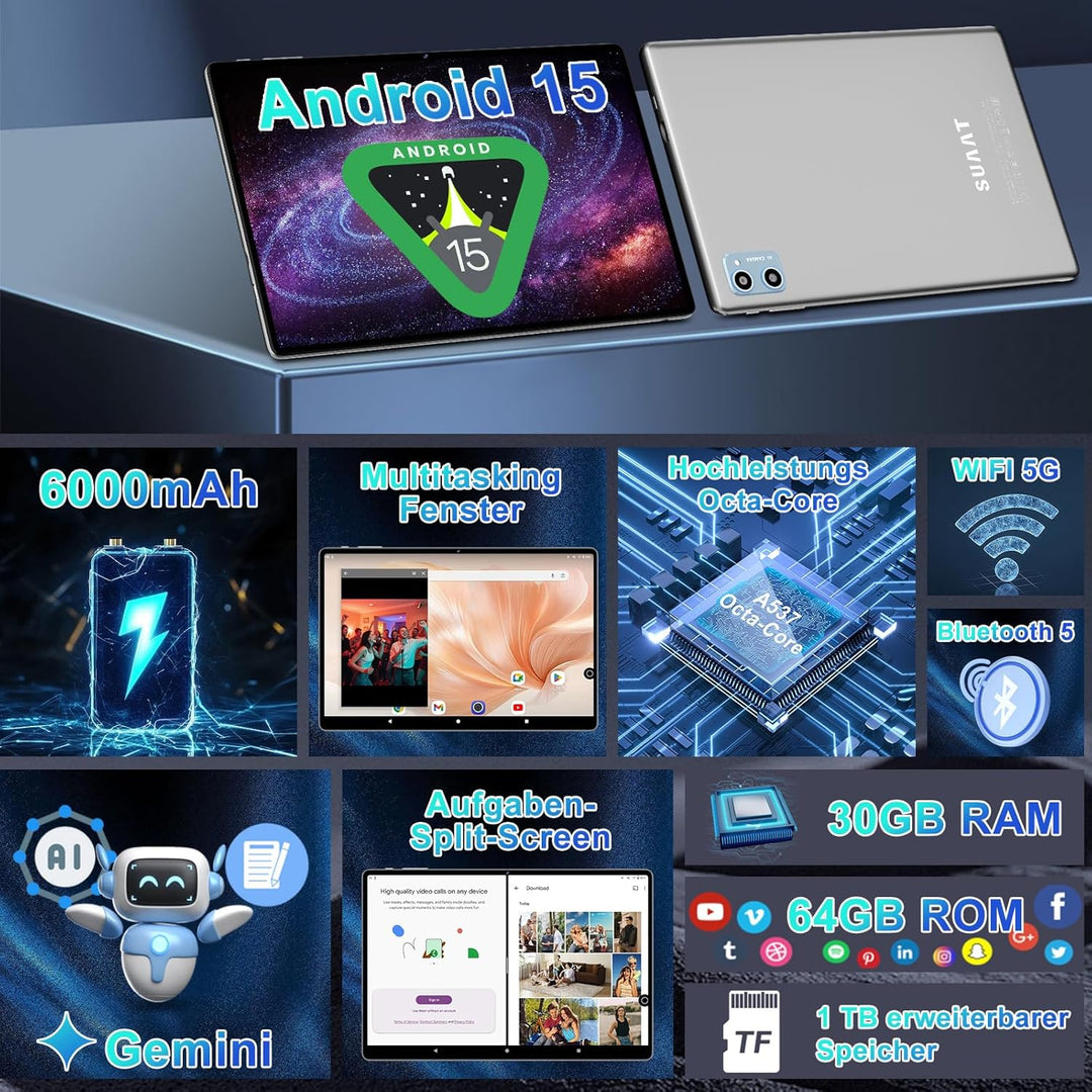 Neueste Tablet 10 Zoll Android mit 20GB RAM+128GB ROM 1TB TF, WiFi 6, Bluetooth 5.0, 6000mAh, Dual C
