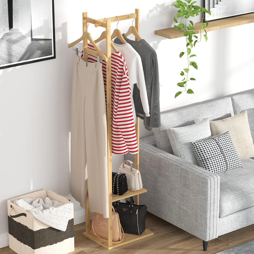 unho Garderobenständer Bambus, freistehender Kleiderständer, Garderobe mit Kleiderstange, 2 Ablagen,