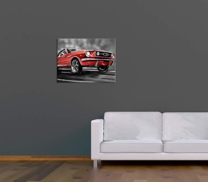 Bilderdepot24 Bild auf Leinwand | Mustang Graphic - rot in 80x60 cm als Wandbild | Wand-deko Dekorat