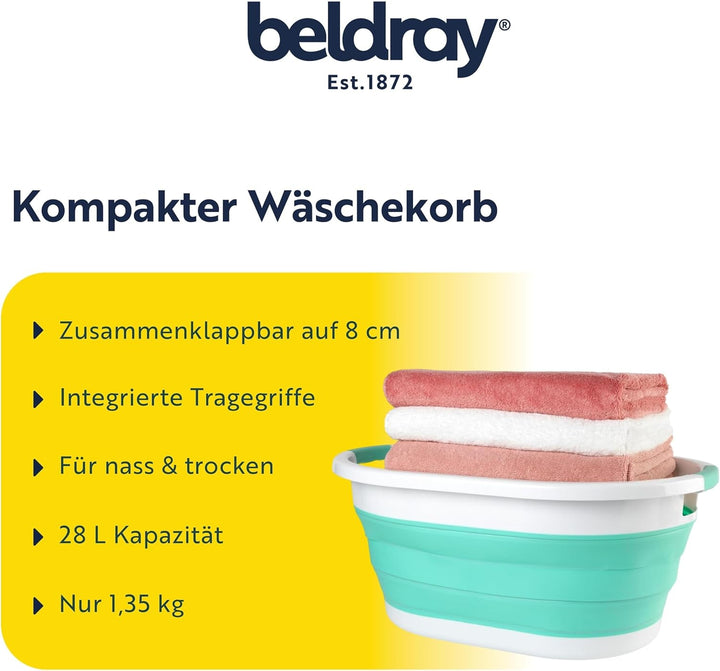 Beldray Zusammenklappbarer Wäschekorb - 28 Liter, Tragegriffe, Nass/Trocken, Tragbar, Kompakte Aufbe