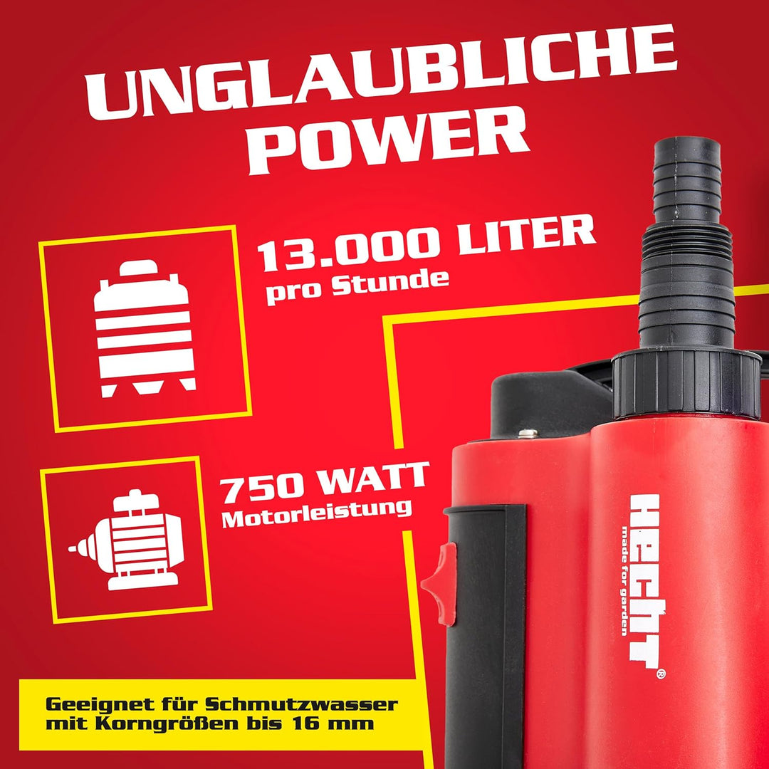 HECHT Tauchpumpe 750 W – 13 000 l/h Schmutzwasser &amp; Klarwasser Automatik-Schwimmerschalter – Bis 9 m