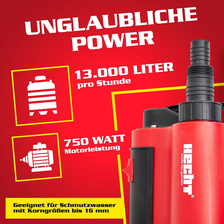 HECHT Tauchpumpe 750 W – 13 000 l/h Schmutzwasser &amp; Klarwasser Automatik-Schwimmerschalter – Bis 9 m