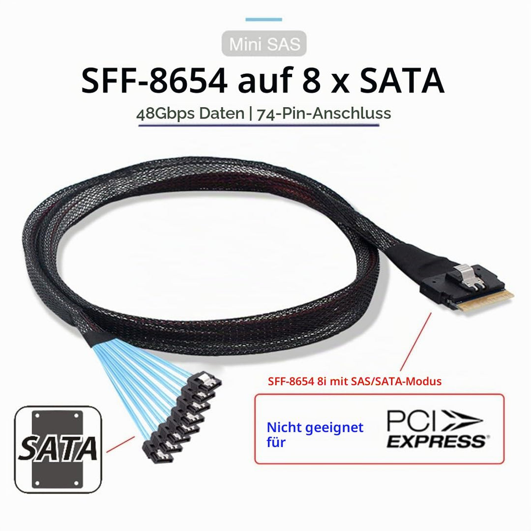chenyang SlimSAS Host/RAID zu SATA Zielkabel, Slim SAS 4.0 SFF-8654 8i 74Pin 1 zu 8 SATA 7Pin Raid C