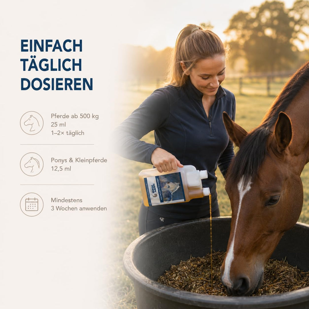 Happy Horse Atemwege- &amp; Bronchialsaft für Pferde 100% pflanzliche Inhaltsstoffe, lindert Hustenreiz,