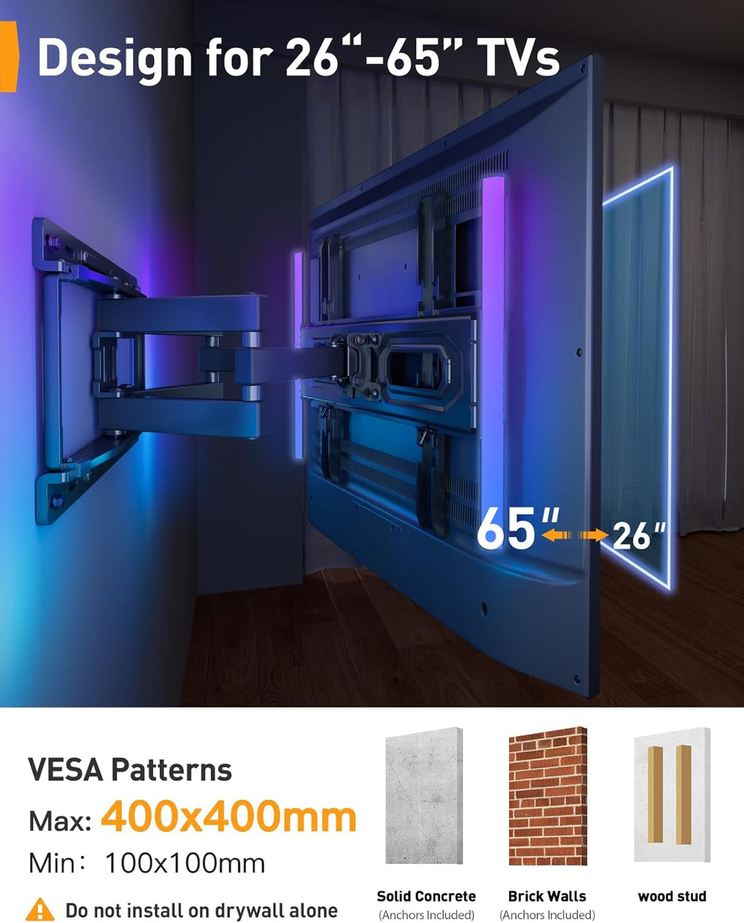 Perlegear TV Wandhalterung für 26-65 Zoll TVs bis 45 kg, LED-Hintergrundbeleuchtung mit Musik-Synchr