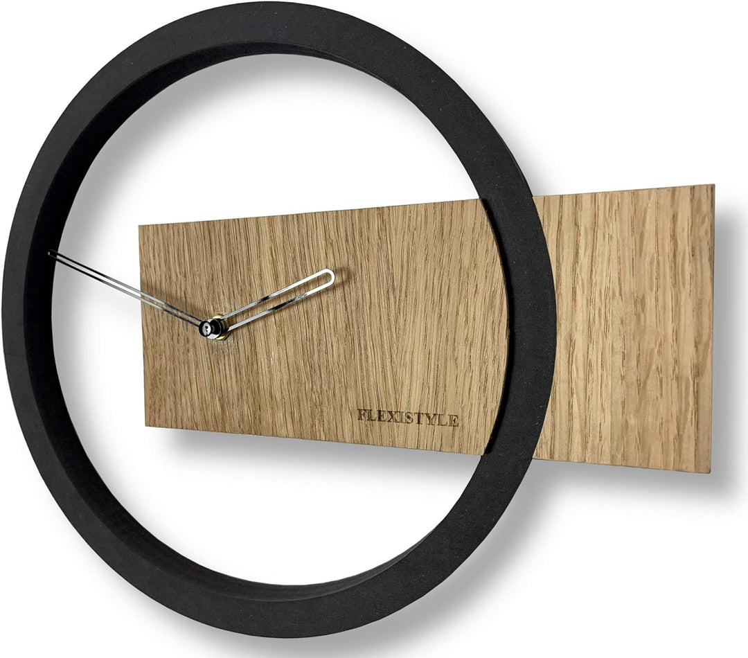 FLEXISTYLE Wanduhr ohne tickgeräusche Holz Eiche Wood Oak 1 Schwarz 32cm, Wohnzimmer, Schlafzimmer,