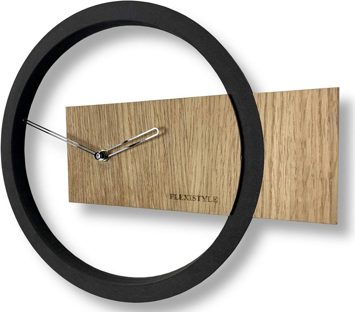 FLEXISTYLE Wanduhr ohne tickgeräusche Holz Eiche Wood Oak 1 Schwarz 32cm, Wohnzimmer, Schlafzimmer,