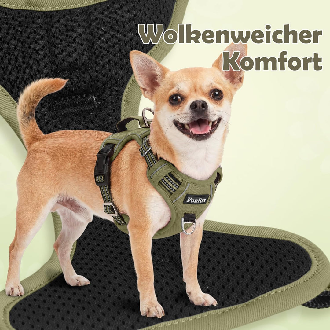Funfox Hundegeschirr Kleine Hunde [M] - Anti Zug Welpengeschirr mit Griff &amp; Ringreflektoren, Atmungs