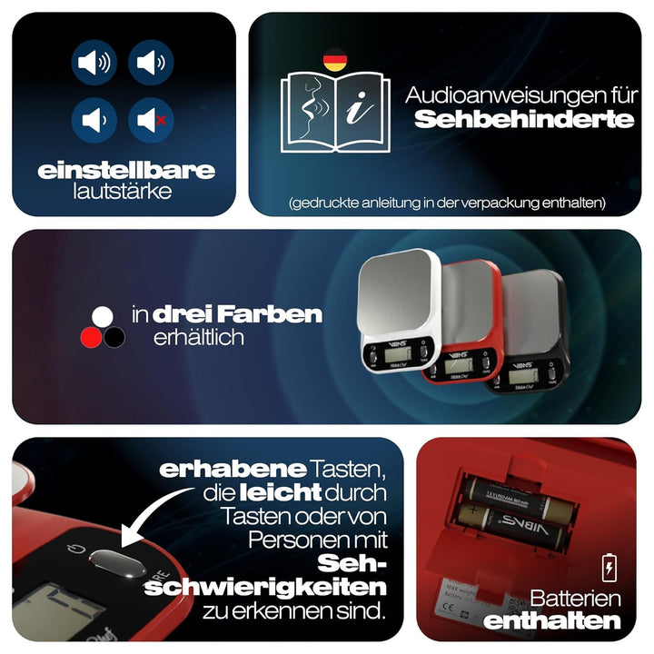 VIBAS iVoice Chef sprechende Küchenwaage, für Blinde und ältere Menschen, spricht 5 Sprachen, Gewich