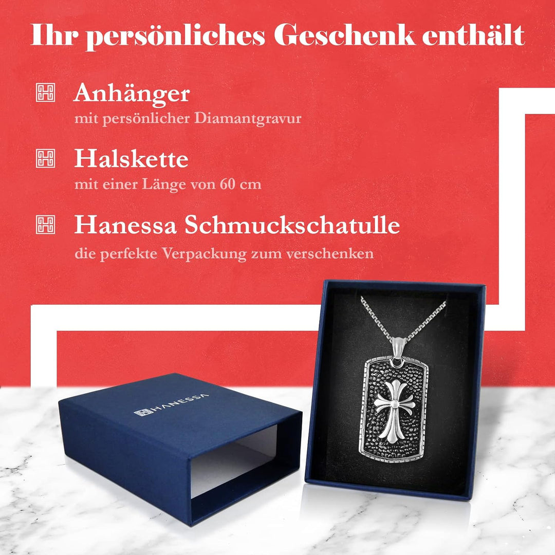 Hanessa Personalisierte Kette mit Gravur Edelstahl 60 cm mit Anhänger Dog Tag mit Kreuz in silber/sc