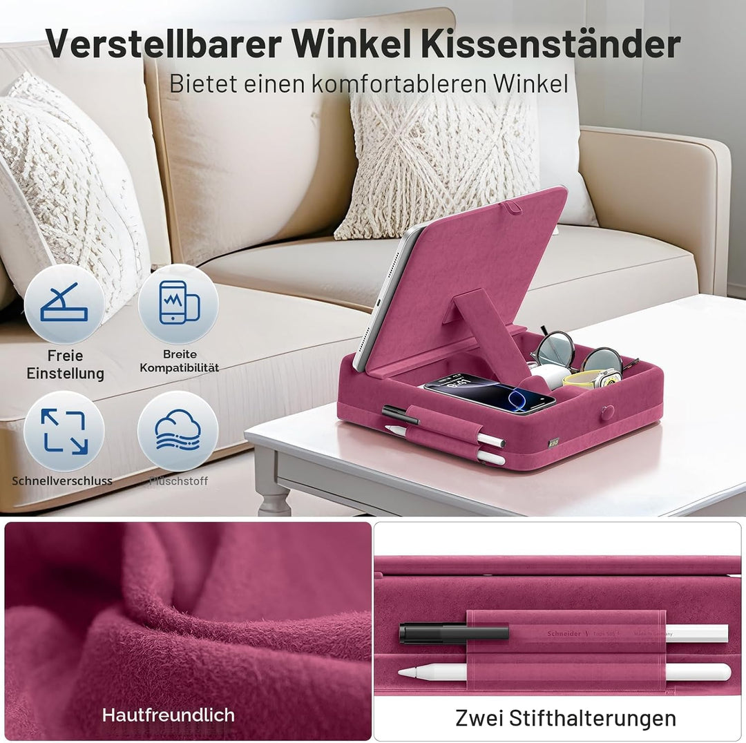 KDD Tablet Halter Kissen mit Aufbewahrung, Faltbarer iPad Kissen, einstellbar Tablet Kissenhalter mi