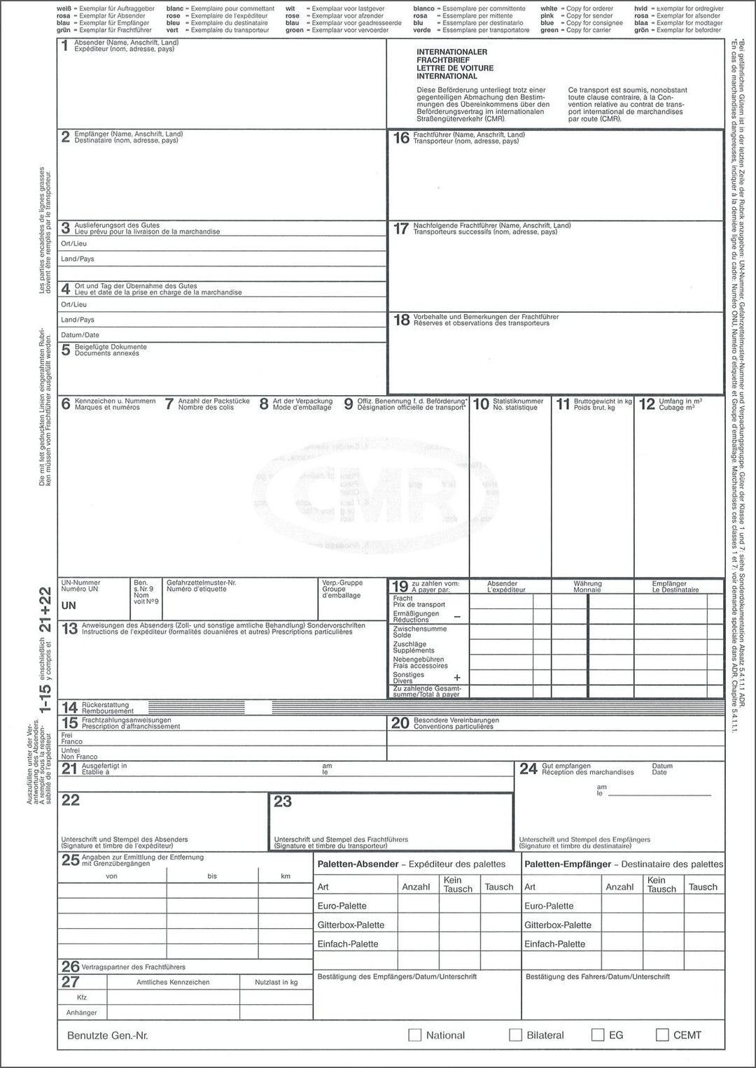 RNK 2100L - Internationaler Frachtbrief (CMR), 4 Einzelblatt, DIN A4 im Wechsel, 50 Stück