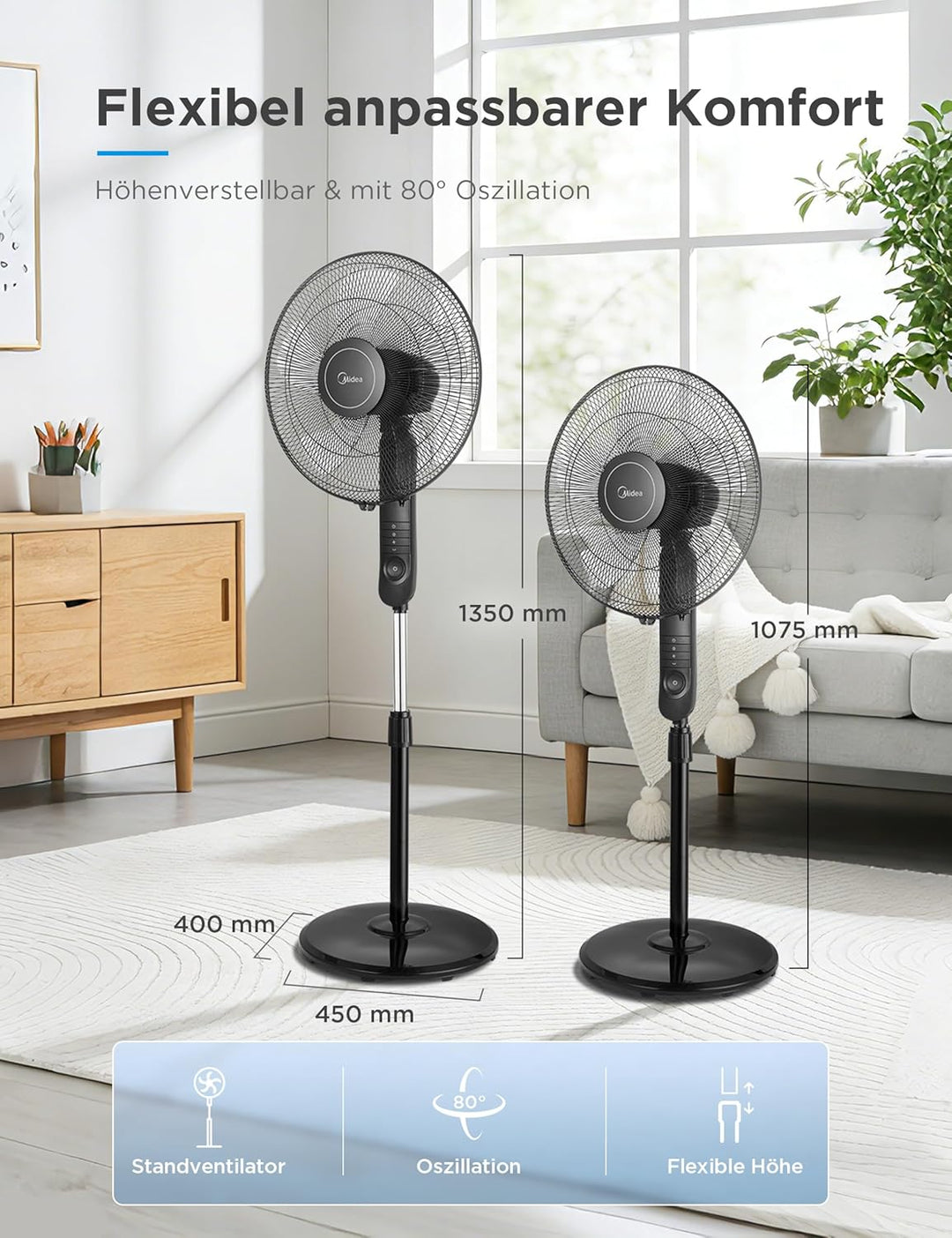 Midea FS40-15FR Standventilator Leise mit Fernbedienung,3 Geschwindigkeitsstufen,LED Anzeige, 7,5H T