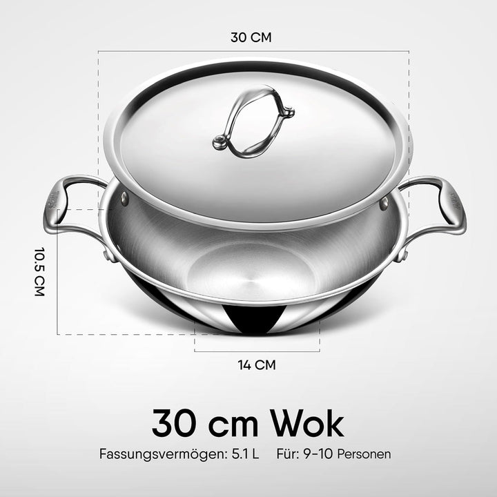 Stahl Edelstahl Triply Wok mit Deckel | Edelstahl-Kochgeschirr Triply Wok | Gas- & Induktionsboden |