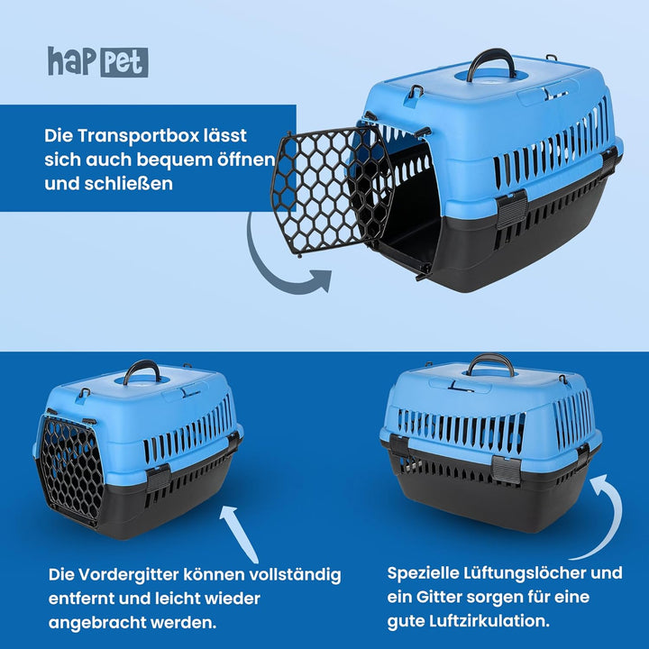 HAPPET Tiertransportbox ABBA S Blau 50x33x33 cm – Robuste, gut belüftete Transportbox aus Kunststoff