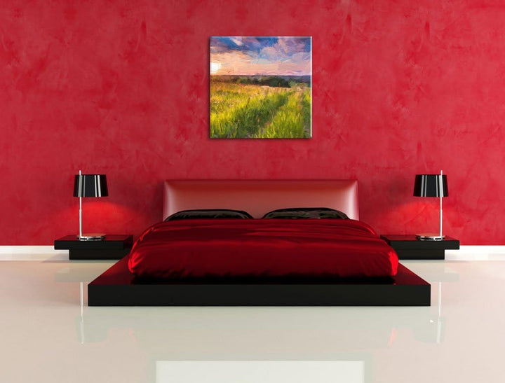 Pixxprint Bergwiese im Sonnenaufgang als Leinwandbild | Grösse: 70x70 cm | Wandbild | Kunstdruck | f