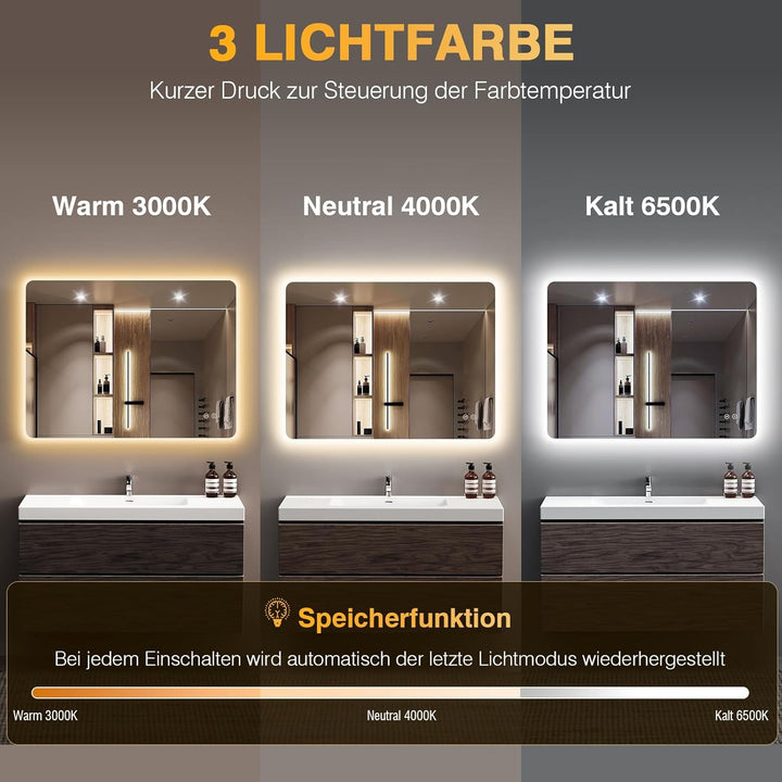 Badezimmerspiegel mit Beleuchtung, Led Spiegel Bad mit 3 Lichtfarben, Dimmbar, Speicherfunktion, Tou