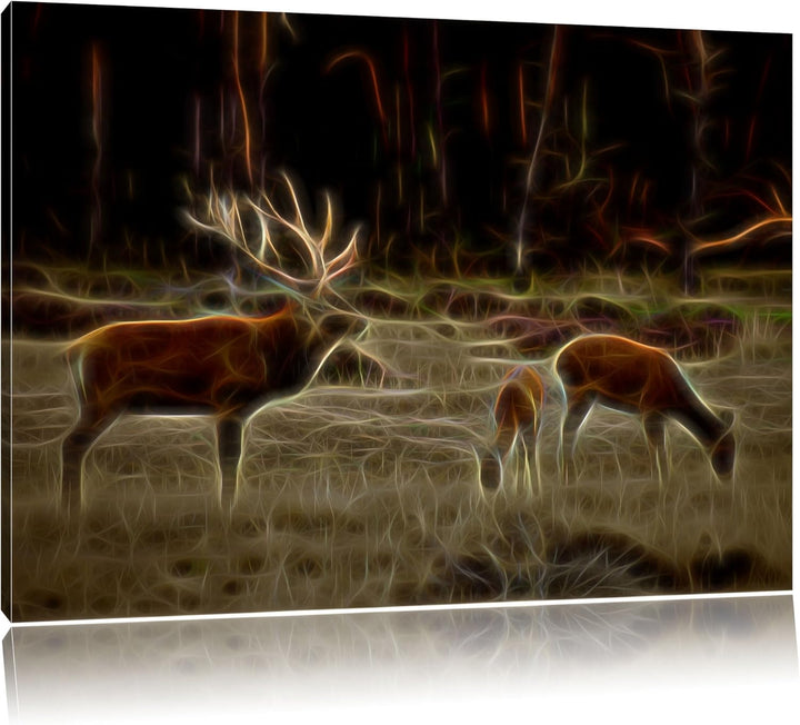 Dark Hirschfamilie auf herbstlicher Waldlichtung NewArt Format: 100x70 cm auf Leinwand, XXL riesige