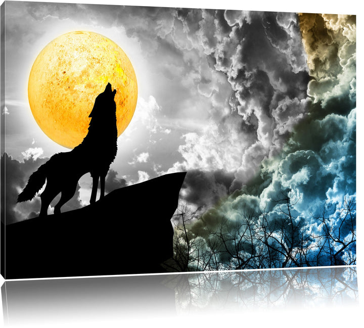 Dark Mystischer Wolf im Vollmond schwarz/weiss Format: 100x70 cm auf Leinwand, XXL riesige Bilder fe