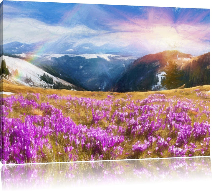 Pixxprint Berglandschaft Regenbogen als Leinwandbild/Grösse: 100x70 cm/Wandbild/Kunstdruck/fertig be