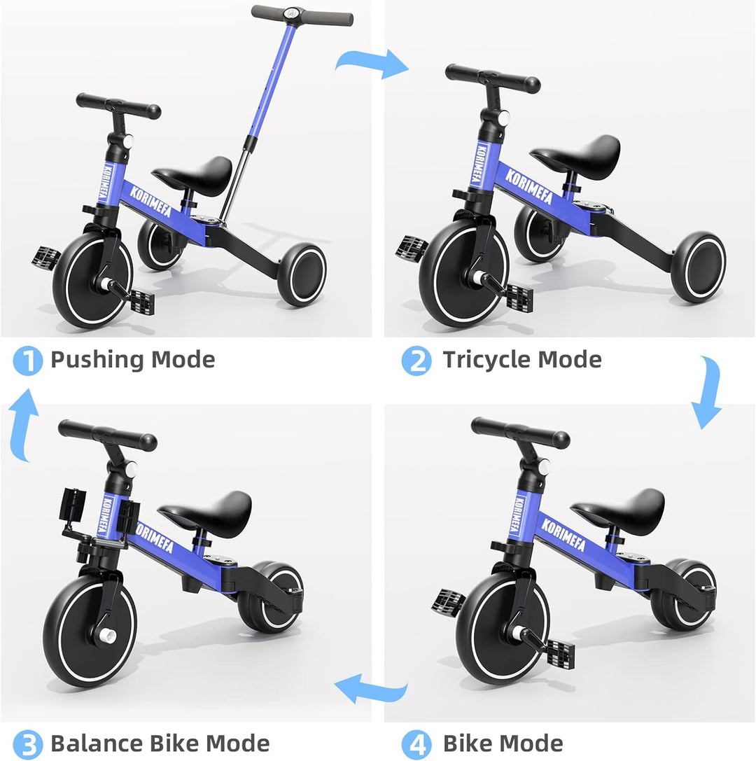 KORIMEFA 4 in 1 Laufräder Laufrad Kinderdreirad Dreirad Lauffahrrad Lauflernhilfe mit Schubstange fü