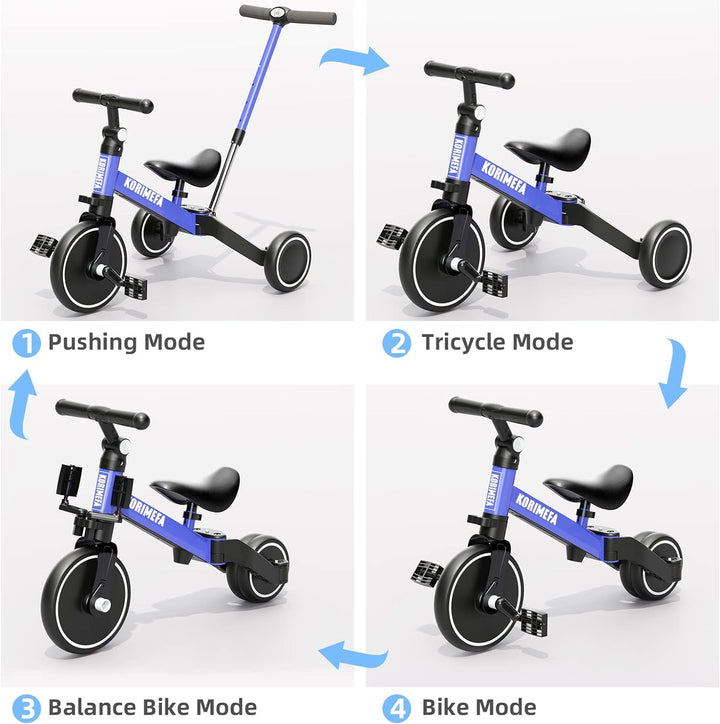 KORIMEFA 4 in 1 Laufräder Laufrad Kinderdreirad Dreirad Lauffahrrad Lauflernhilfe mit Schubstange fü