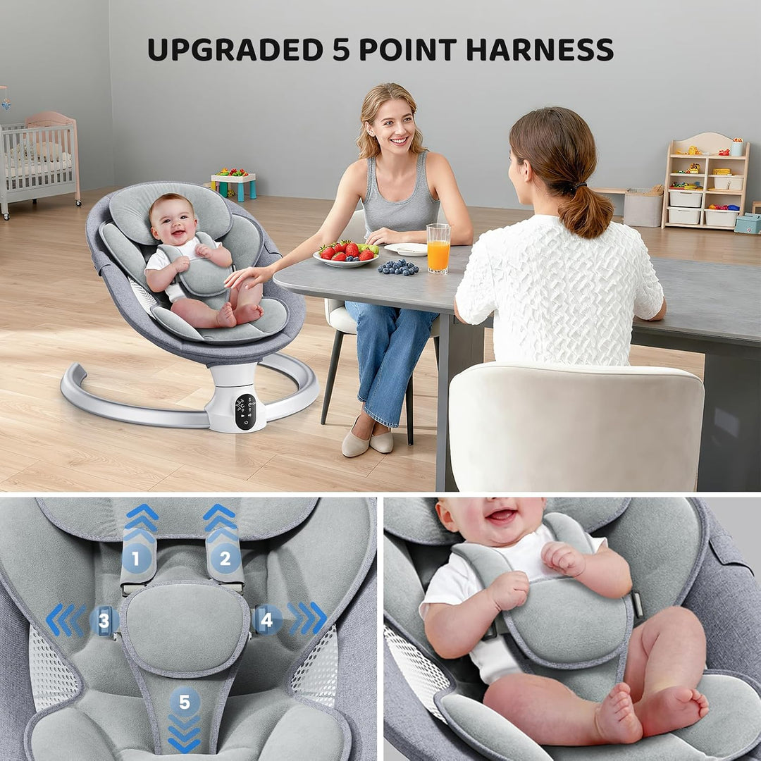Bluetooth Elektrische Babyschaukel, Upgrade 5-Punkte Geschirr Elektrische Babywippe mit 5 Geschwindi