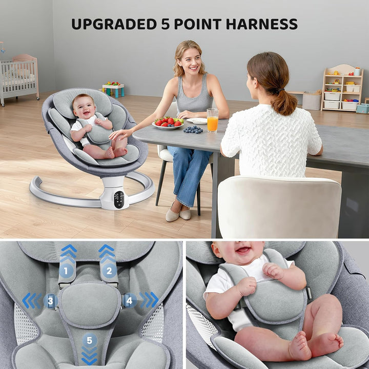 Bluetooth Elektrische Babyschaukel, Upgrade 5-Punkte Geschirr Elektrische Babywippe mit 5 Geschwindi