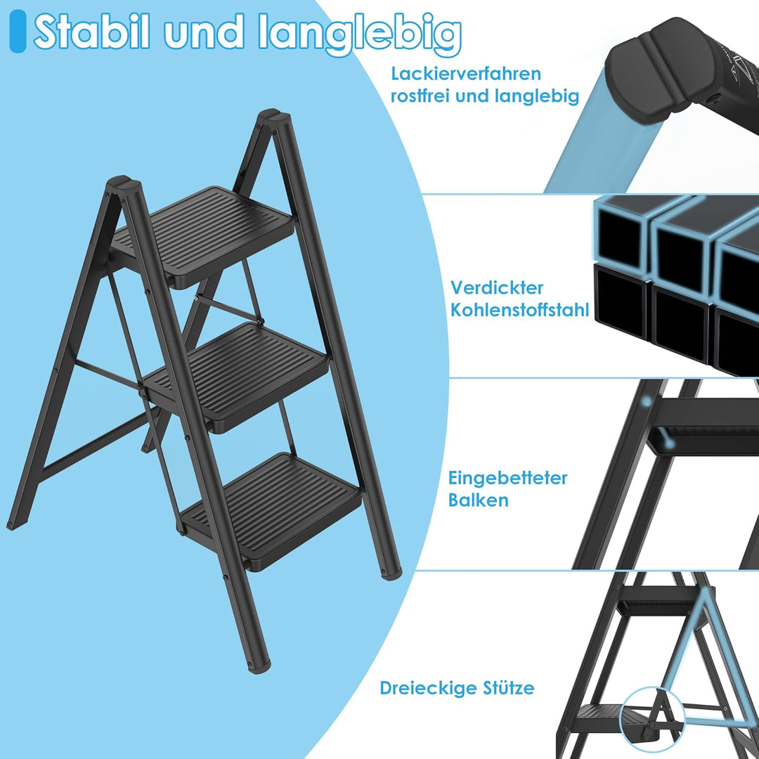 LARS360 Trittleiter 3 Stufen Klappbar, Leiter aus Stahl, rutschfeste Gummimatten, Verbreiterte Stufe