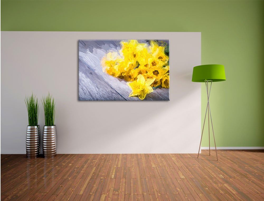 Pixxprint Bündel gelber Narzissen Kunst / 100x70cm Leinwandbild bespannt auf Holzrahmen/Wandbild Kun