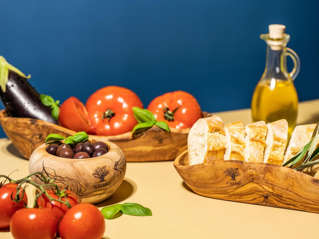 SOLTAKO Olivenholz Schale länglich Le Boulanger L (30-34 cm) rustikale Schale aus Oliven Holz 1 L, 1