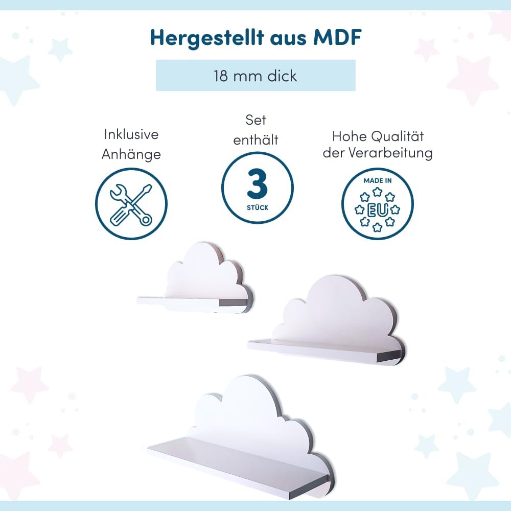 3er Set Wandregal Kinderzimmer Weiss | Babyzimmer Wolkenregal für Bücher, Spielzeug, Dekoration | Re