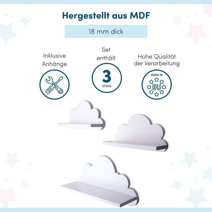 3er Set Wandregal Kinderzimmer Weiss | Babyzimmer Wolkenregal für Bücher, Spielzeug, Dekoration | Re