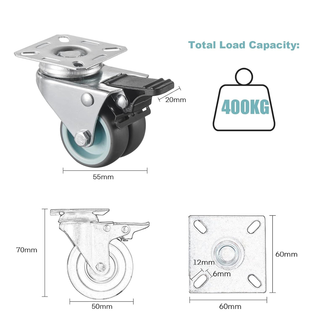 4 Stück Doppelrollen Lenkrollen mit Bremse 50mm Transportrollen Möbelrollen mit bremse bis 400kg Str