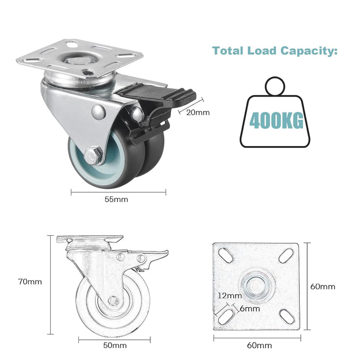 4 Stück Doppelrollen Lenkrollen mit Bremse 50mm Transportrollen Möbelrollen mit bremse bis 400kg Str