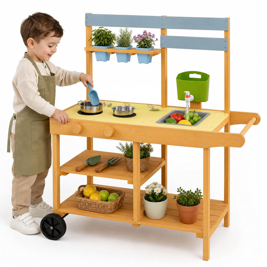 DREAMADE Matschküche Kinder Outdoor, Spielküche mit Herd &amp; Kochzubehör | Kinderküche mit Griff &amp; 2 R