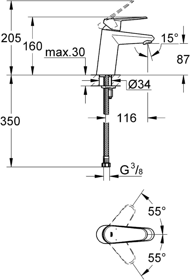 GROHE Eurodisc Cosmopolitan Badarmatur, glatter Körper, Standard-Auslauf, SpeedClean 3246920E, S-Siz