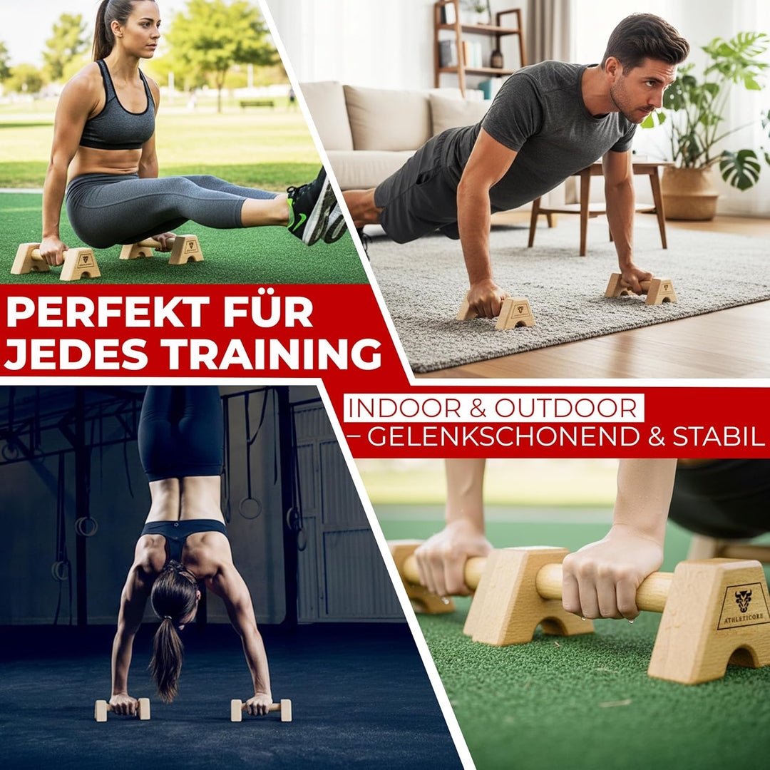 Liegestützgriffe Set (2x) aus Buchenholz - ohne Wackeln - gelenkschonend & rutschfest – Parallettes