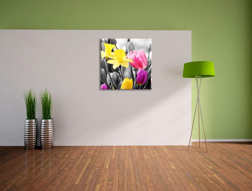 Pixxprint schöne Narzissen mit Tulpen schwarz/weiss, Format: 70x70 auf Leinwand, 70x70