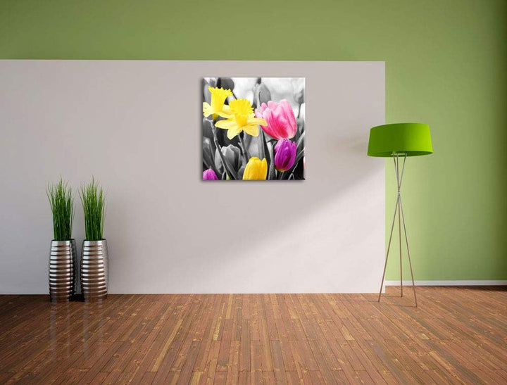 Pixxprint schöne Narzissen mit Tulpen schwarz/weiss, Format: 70x70 auf Leinwand, 70x70