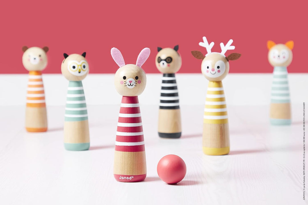 Janod - My First Happy Garden Kegelspiel, Kinderspiel für draussen, 6 Kegel und 2 Holzkugeln, ab 3 J