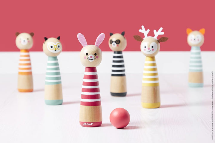 Janod - My First Happy Garden Kegelspiel, Kinderspiel für draussen, 6 Kegel und 2 Holzkugeln, ab 3 J