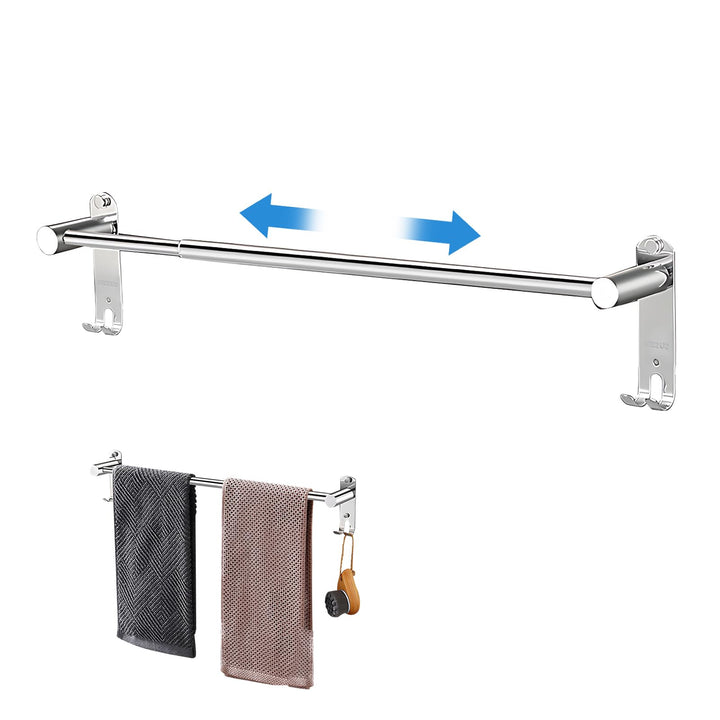 Amexo Handtuchstange Edelstahl Ausziehbar 43–75cm, Handtuchhalter mit Haken Schrauben Kleber, Silber